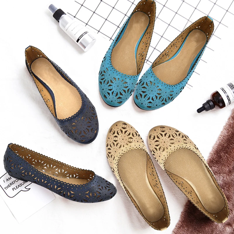 

Maxmuxun Womens Causal Shoes Flower Cut Out Blue Beige Green PU Ballerina Flats Round Toe Slip On Cute Dress Ballet Female Shoes