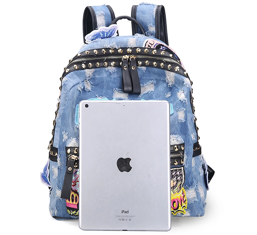 

Casual Fashion Women Backpack Rivets Denim Backpacks Jeans Women's Backpacks Girls Backpack Bag Casual Daypacks
