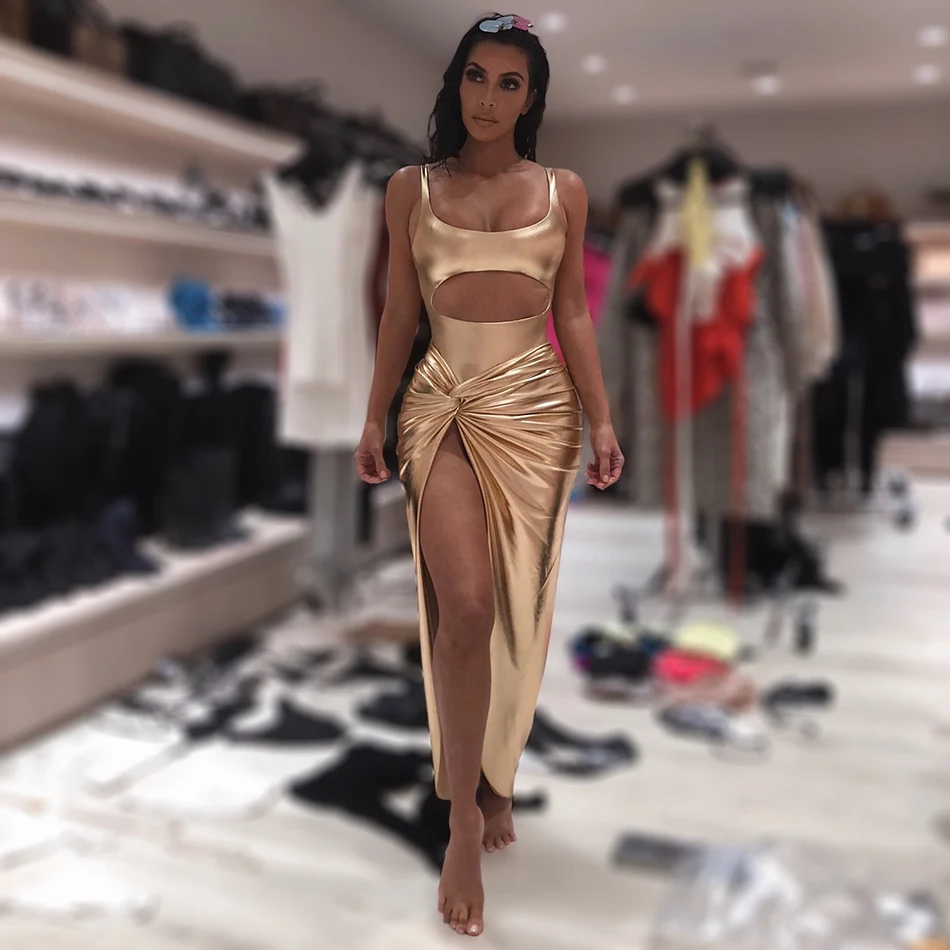 Боди KimKardashian золотистое с узлом комплект из 2 предметов платьем Maix летнее платье