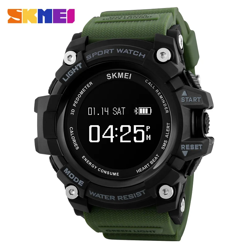 Army Green SKMEI мужские умные часы с монитором сердечного ритма, Bluetooth часы, шагомер, калории, хронограф, лучший бренд, роскошные Цифровые спортивные часы - Цвет: Army Green