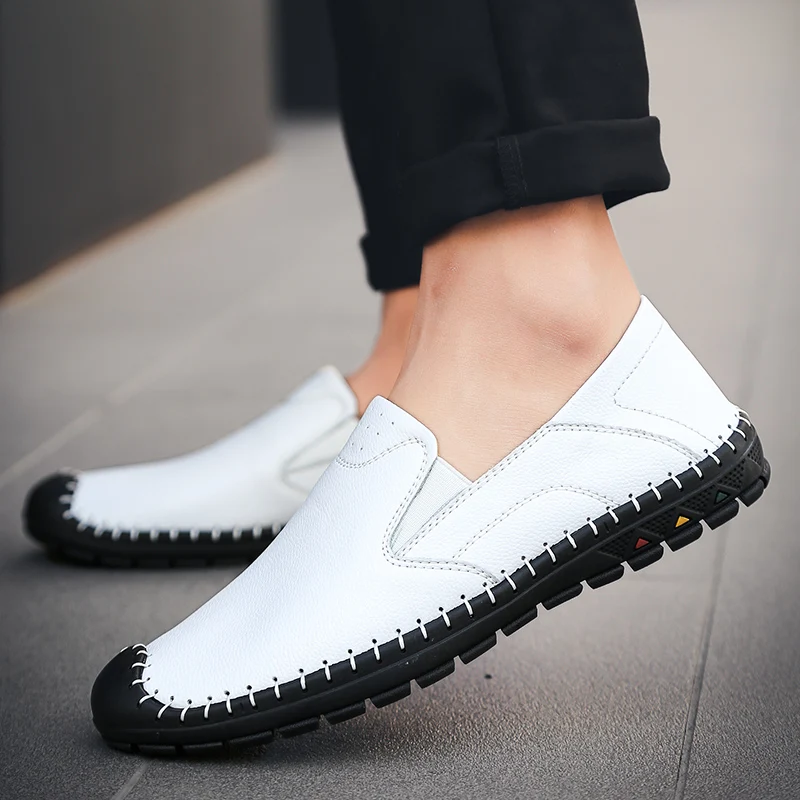 Мужская кожаная повседневная обувь лоферы для вождения без застежки однотонные