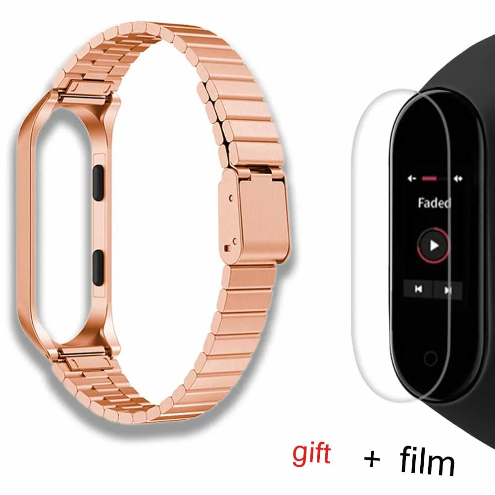 Rose gold Mi band 3/4 смарт-Ремешки для наручных часов+ металлический чехол для Xiaomi mi, ремешок 3/4, аксессуары для браслетов, сменный Браслет из нержавеющей стали - Цвет ремешка: Rose gold