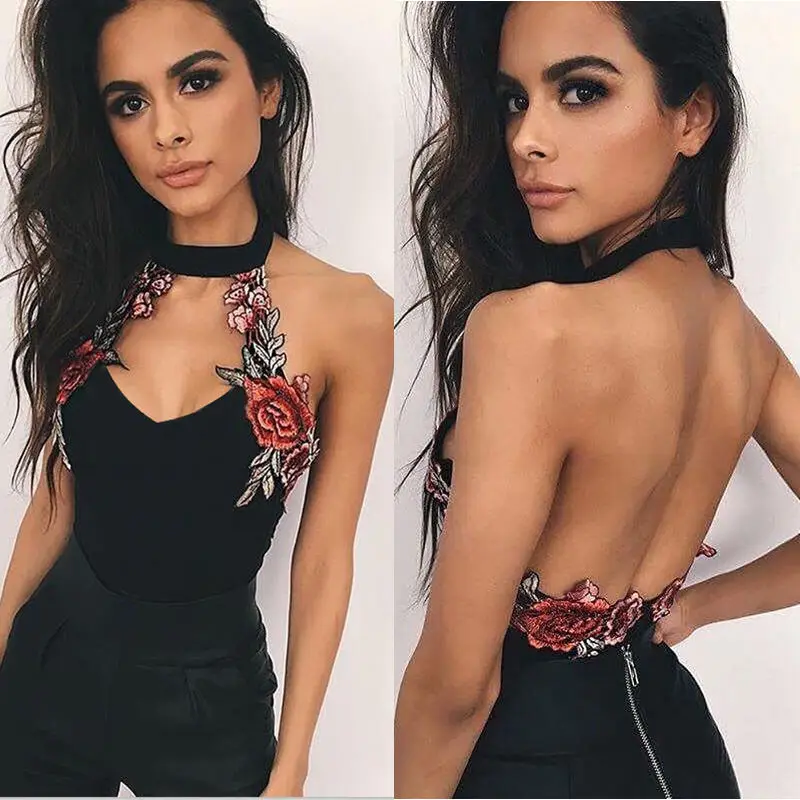 

2018 Sexy Women V Neck Bodycon Bandage Rose Flower Sleeveless One-piece Bodysuit Short Tops Clothing