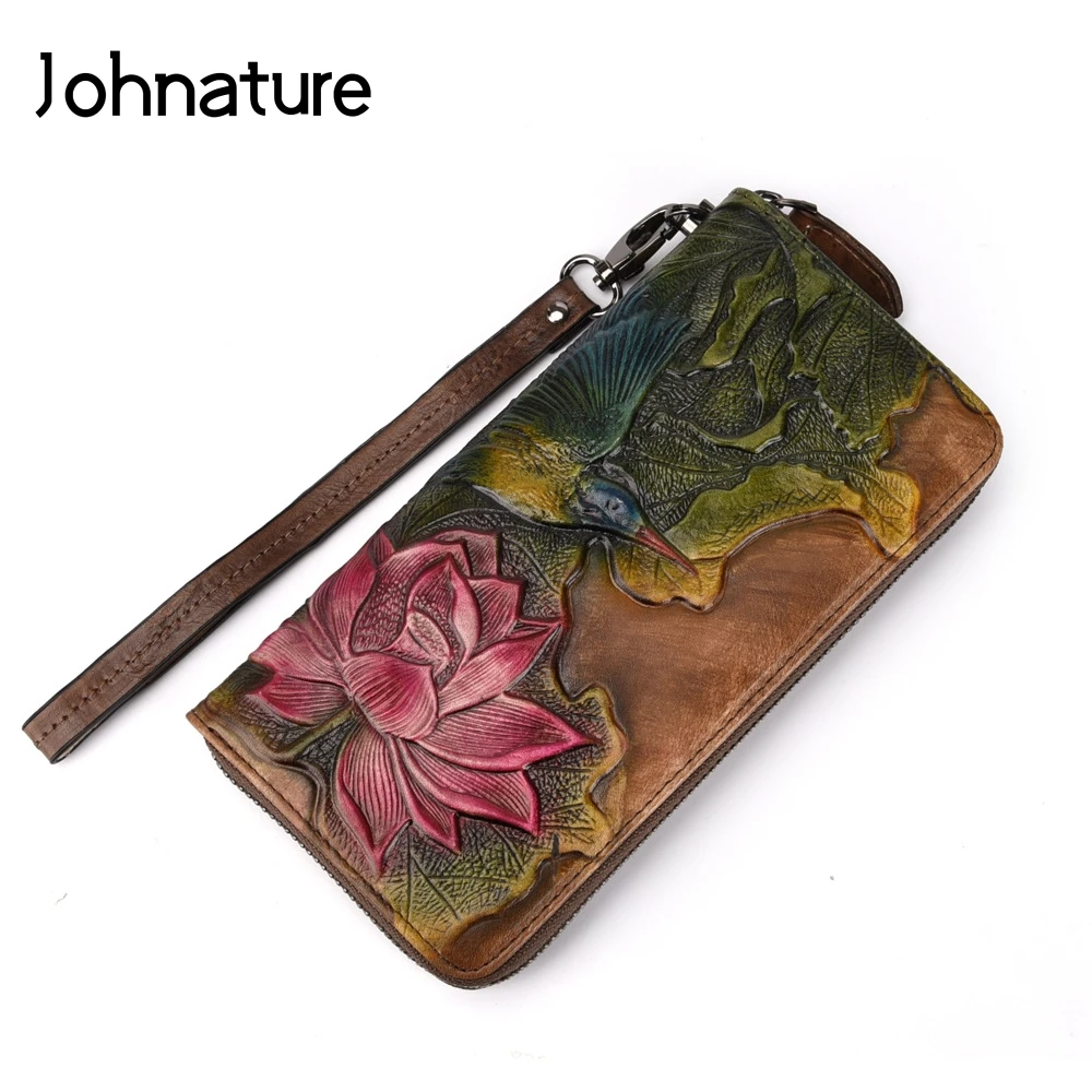 Женский клатч Johnature Винтажный Длинный из натуральной кожи с Цветочным Тиснением