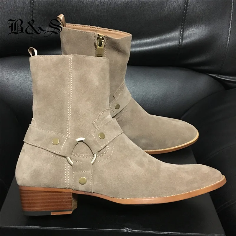 Мужские замшевые ботинки ручной работы бежевые высокие из натуральной кожи на