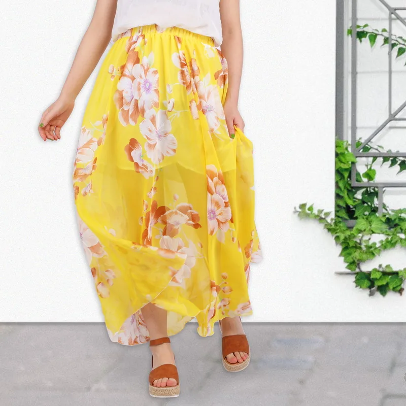 Женская длинная юбка в стиле бохо летняя шифоновая с цветочным принтом и рюшами