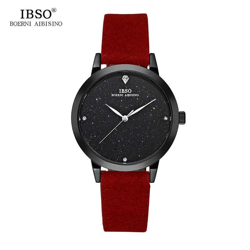 Black red IBSO, бренд, модные, звездное небо, женские часы,, натуральная кожа, ремешок, кварцевые часы, женские, повседневные, галактика, женские часы - Цвет: Black red