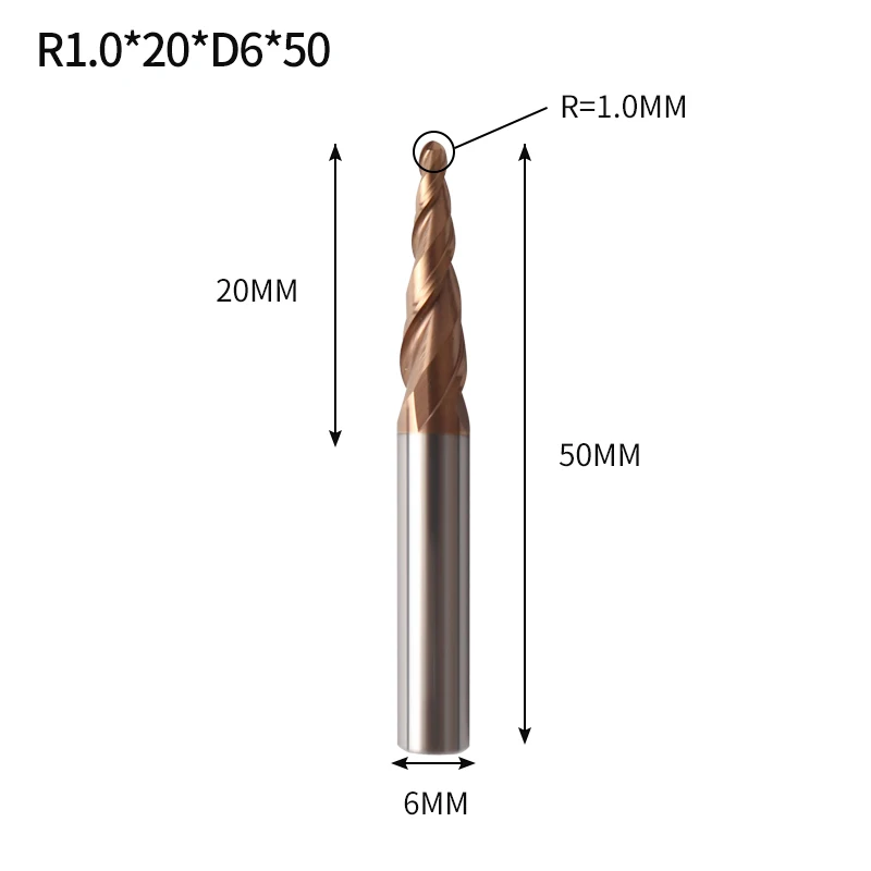 R1X20XD6X50L Augusttools конические сферические Концевые Фрезы HRC60 из карбида вольфрама с ЧПУ фрезерный станок для дерева, металла, фрезерования 3,175 мм 4 мм 6 мм 8 мм - Длина режущей кромки: R1X20XD6X50L
