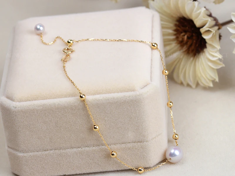 Sinya 18k Au750 золотая цепочка браслеты на ногу с натуральным круглым жемчугом Шарм для женщин Девушка мама любовник длина 18-25 см регулируемый