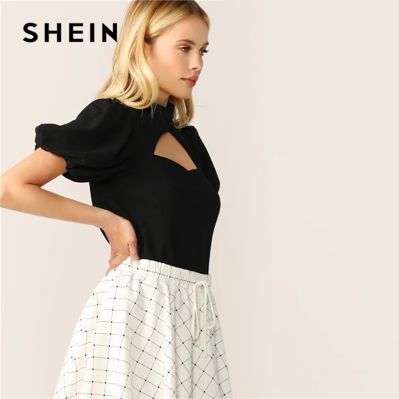 SHEIN, Сексуальная Блузка с вырезом, с пышным рукавом, черная, короткий рукав, женские топы, летние, элегантные, со стоячим воротником, Женские топы и блузки