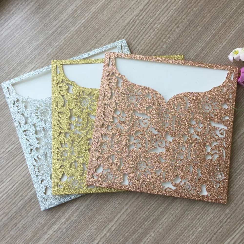 

50pcs Glitter paper Silver Rose Gold Color Flower Pocket Design Birthday Party Romantic Wedding Invitation Card Greeting Card