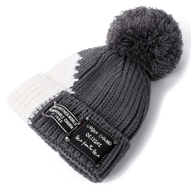 Новинка, теплая зимняя шапка, женская мода, Skullies Beanies, толстая меховая вязаная шапка для женщин, женские шапки с помпоном, двухцветная дизайнерская шапка