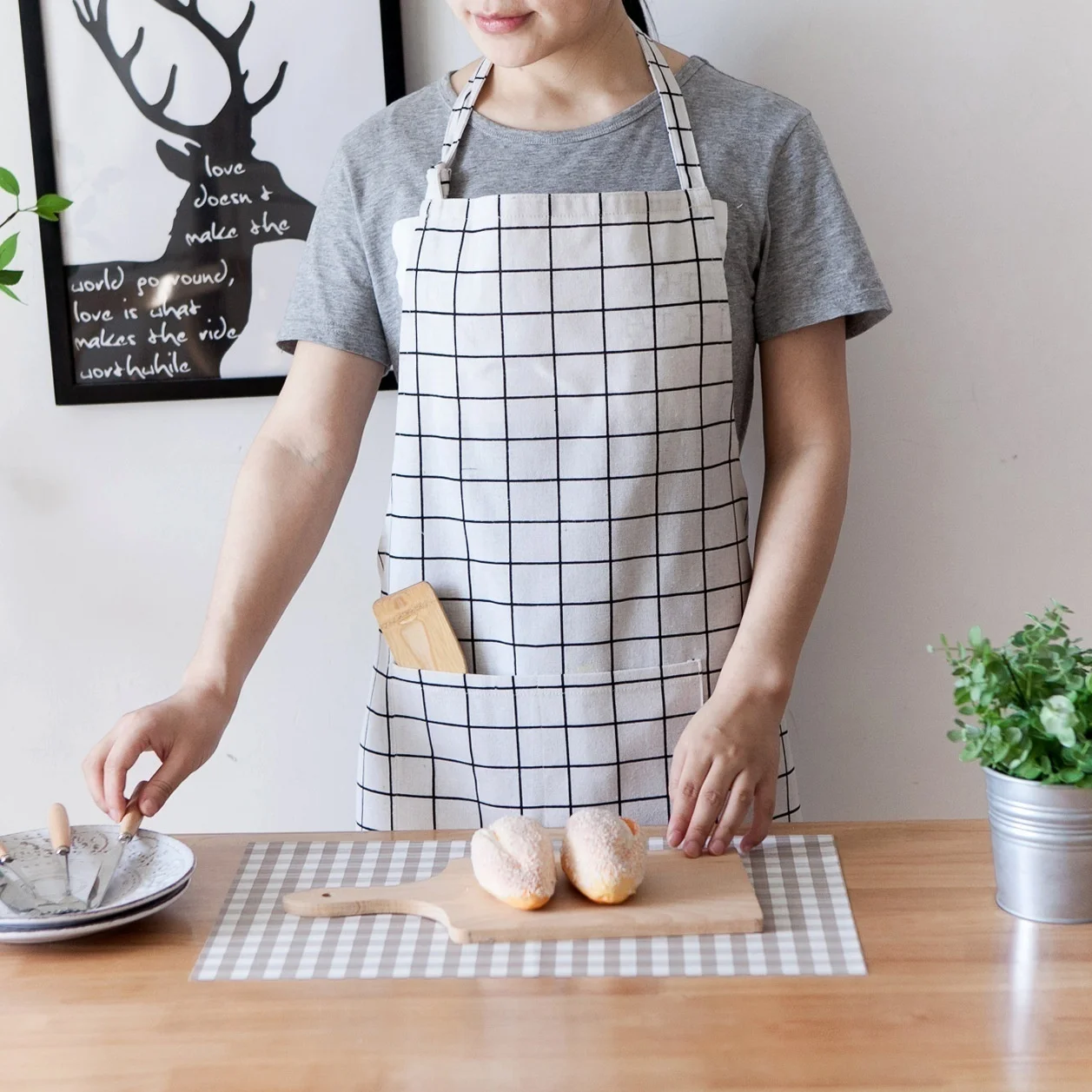 white grids Модные геометрические узоры с рождественским принтом унисекс из хлопка и льна фартуки для кухни - Цвет: white grids