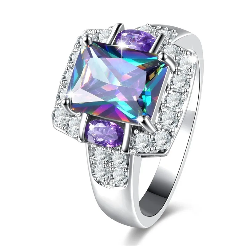 Silver Color Filled Jewelry Rainbow Square Baguette CZ Engagement Ring for Women Colorful Cubic Zirconia Eternity Band | Украшения и