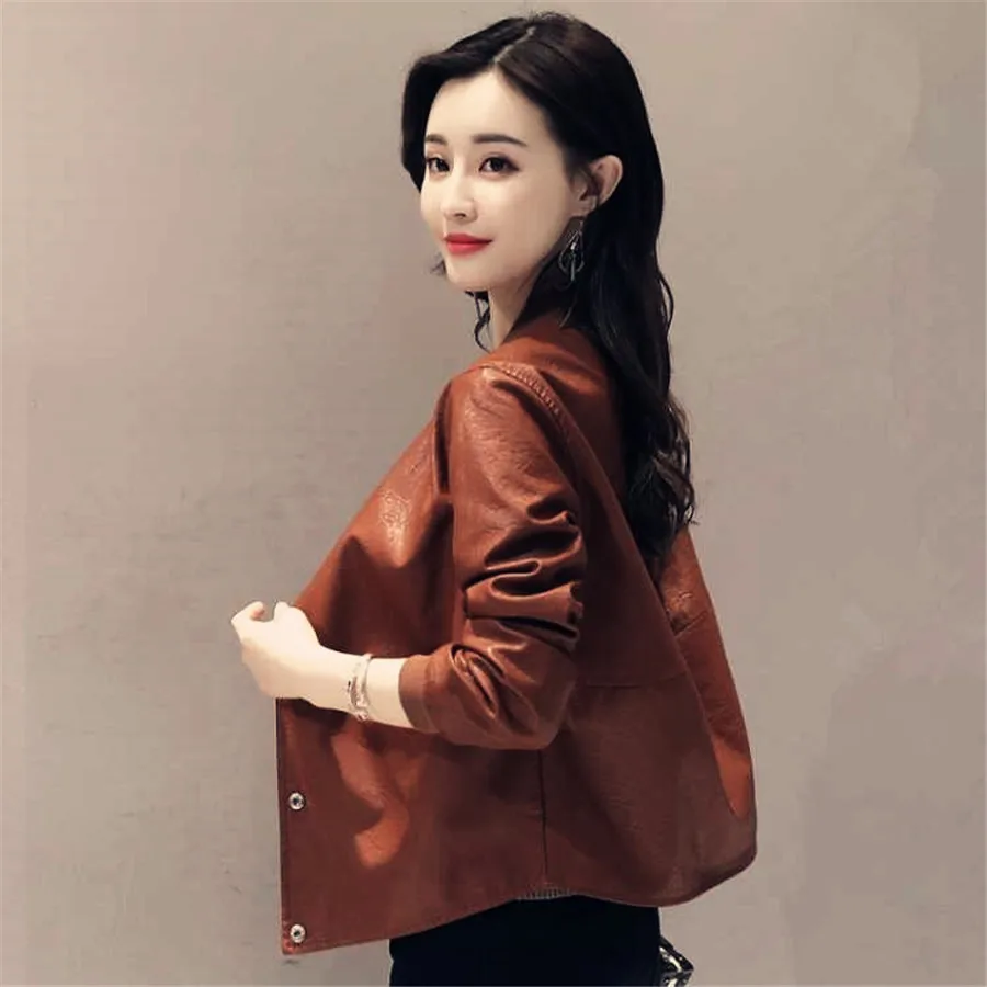 DANCING WINGS Korean style loose stand collar women's pu leather jacket motorcycle