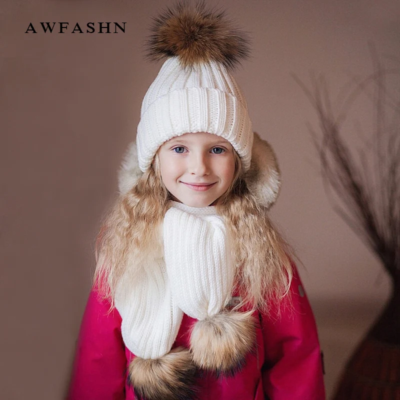 

2018 Fashion Children Winter Raccoon Fur Pompom Knit Beanies Hat Scarf 2 Pieces Set Boy Girl Warm Soft Cap Scarves Wool Kids