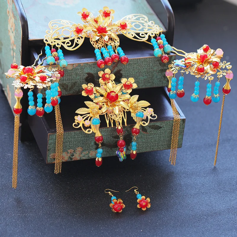 JaneVini Традиционный китайский свадебный головной убор Костюм Золотой цветок