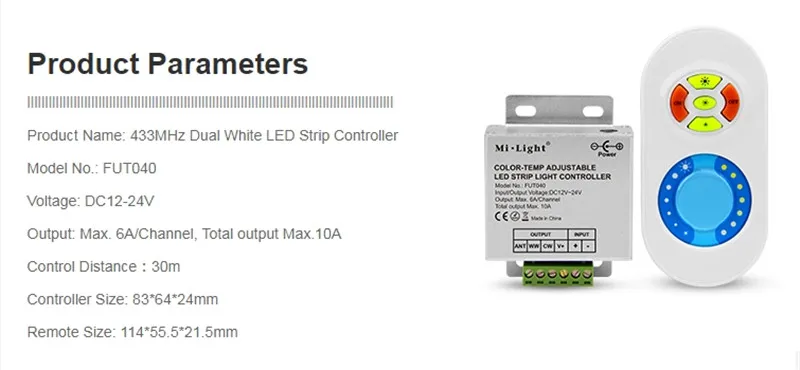 Mi.Light FUT040 433MHz Dual White LED Strip Controller Brightness dimmable Color temperature adjustable for led tape DC12V-24V | Освещение