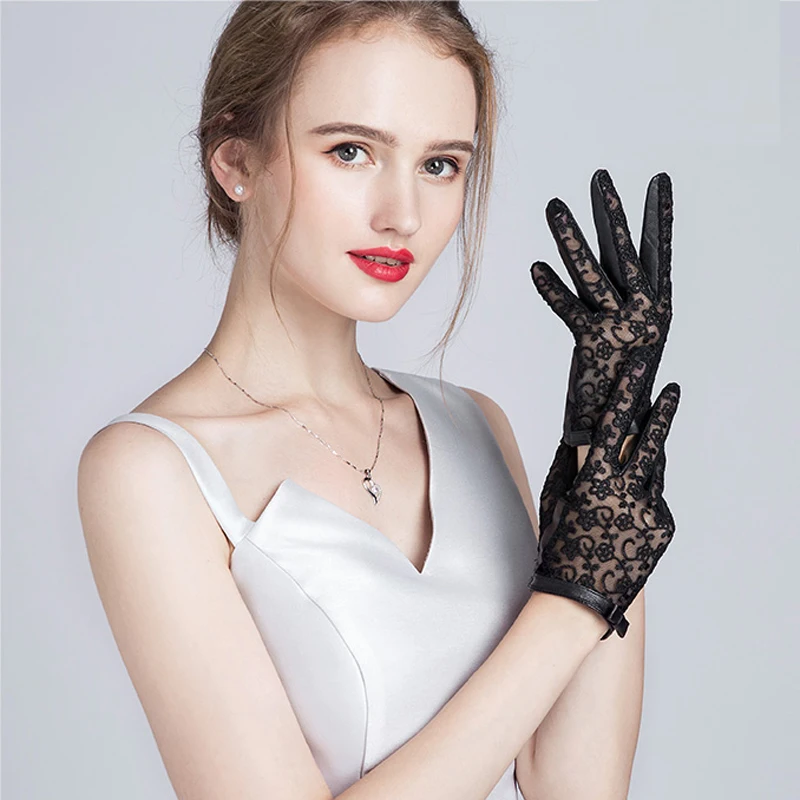 Женские перчатки из натуральной кожи элегантные черные для вождения с сенсорным