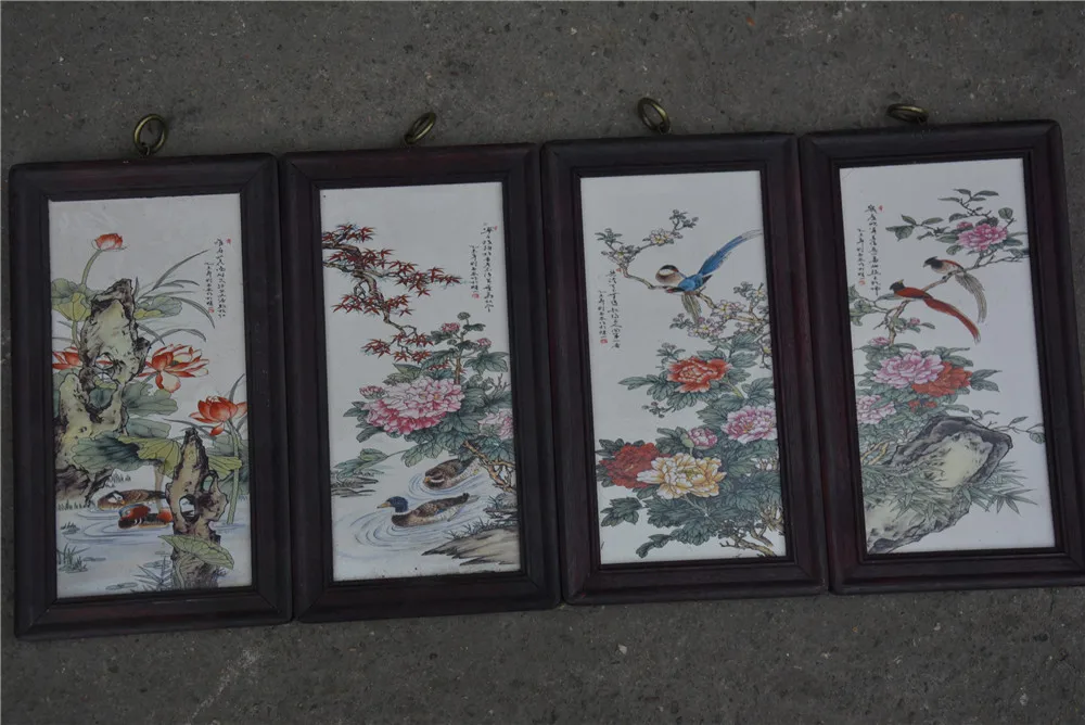 Antique QingDynasty Handmade porcelain brand painting Flower&ampBirds 4 pieces/pack Hand-painted crafts best collection&amp adornment | Дом и