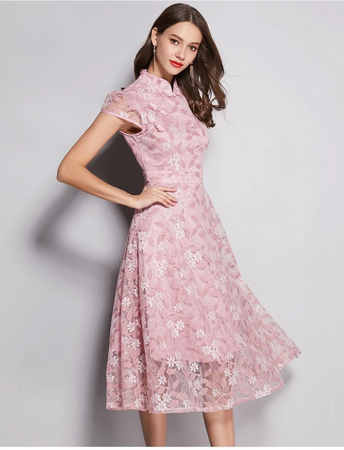 TAOYIZHUAI летнее Новое поступление китайский стиль Cheongsam элегантное приталенное и расклешенное платье большого размера с бантом и воротником цветочное женское кружевное платье 11714