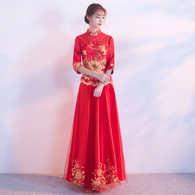 

Women Red Chinese Traditional Dress Ancient Wedding Costume Lady Cheongsam Party Retro Qipao Dress Stage Performance Clothing