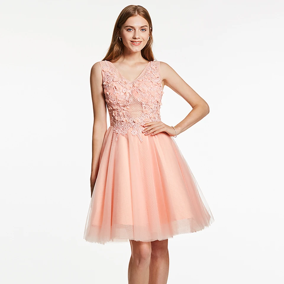 

Dressv appliques cocktail dress pink v neck sleeveless knee length a line beading gown lady homecoming short cocktail dresses