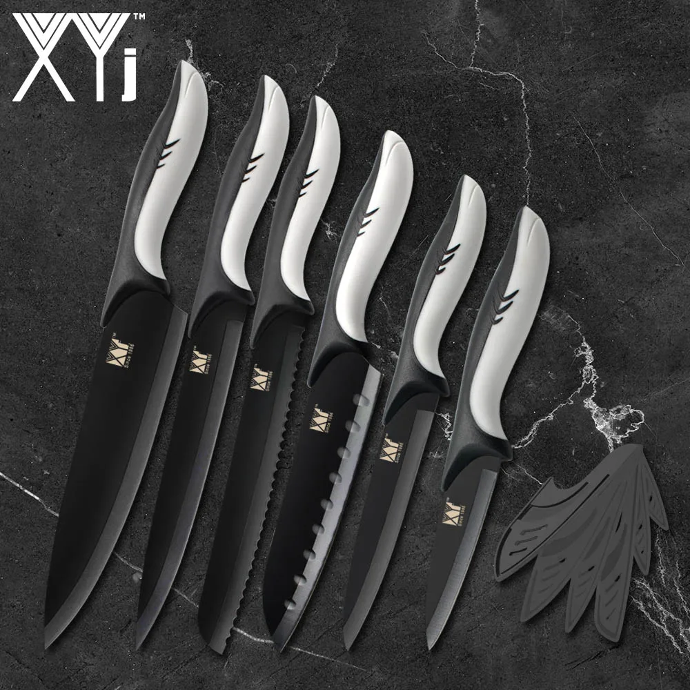 B. 6 PCS Sets XYj 6 шт. наборы кухонных ножей шеф повара ножей с антипригарным покрытием Сталь лезвием нож резак овощей хлеб нож, ножевые изделия инструмент - Цвет: B. 6 PCS Sets