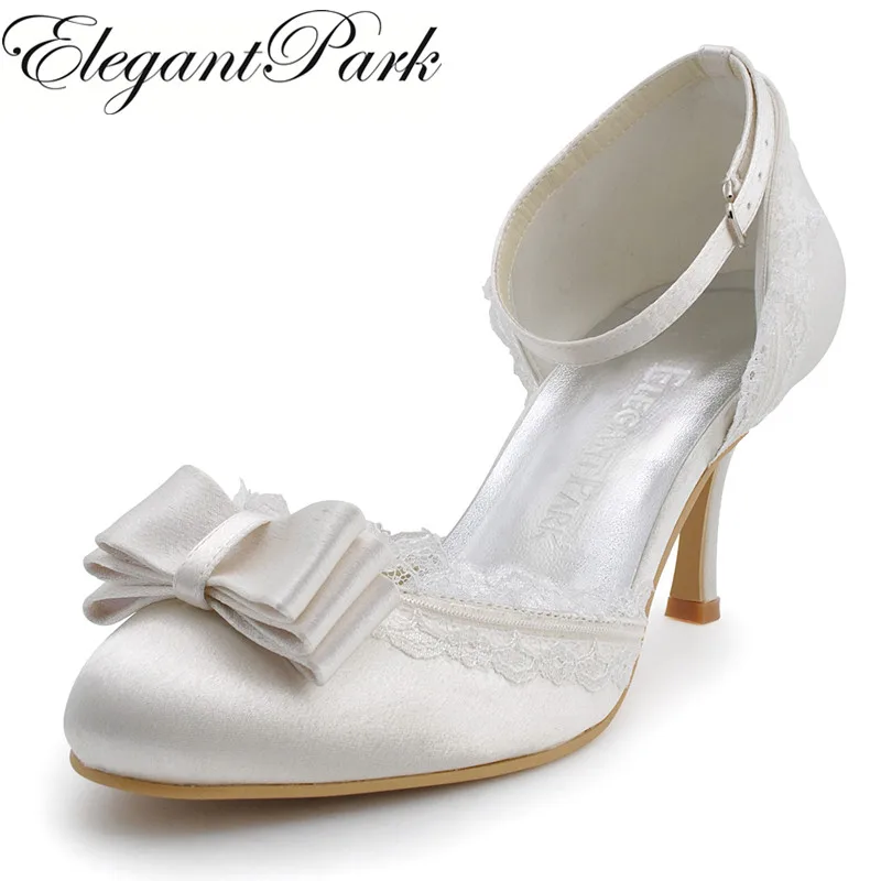 Женские свадебные туфли с бантом атласные на высоком каблуке ремешком щиколотке