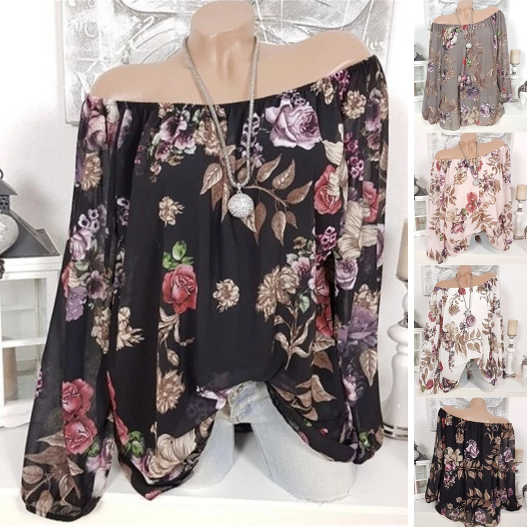 Women Slash Neck Blouse Shirts Sexy Off Shoulder Floral Print Loose Plus Size Summer Long Sleeve Tops Tunic Femme Blusa |
