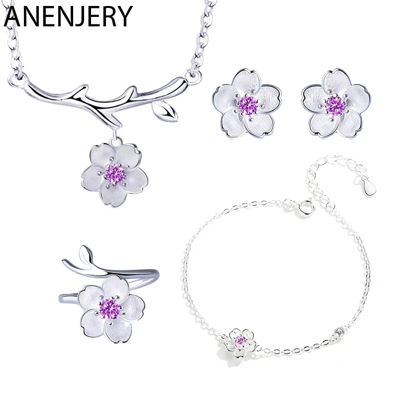ANENJERY, 925 пробы, серебряные ювелирные наборы, романтическая цветущая вишня, цветок, ожерелье+ серьги+ кольцо+ браслет для женщин