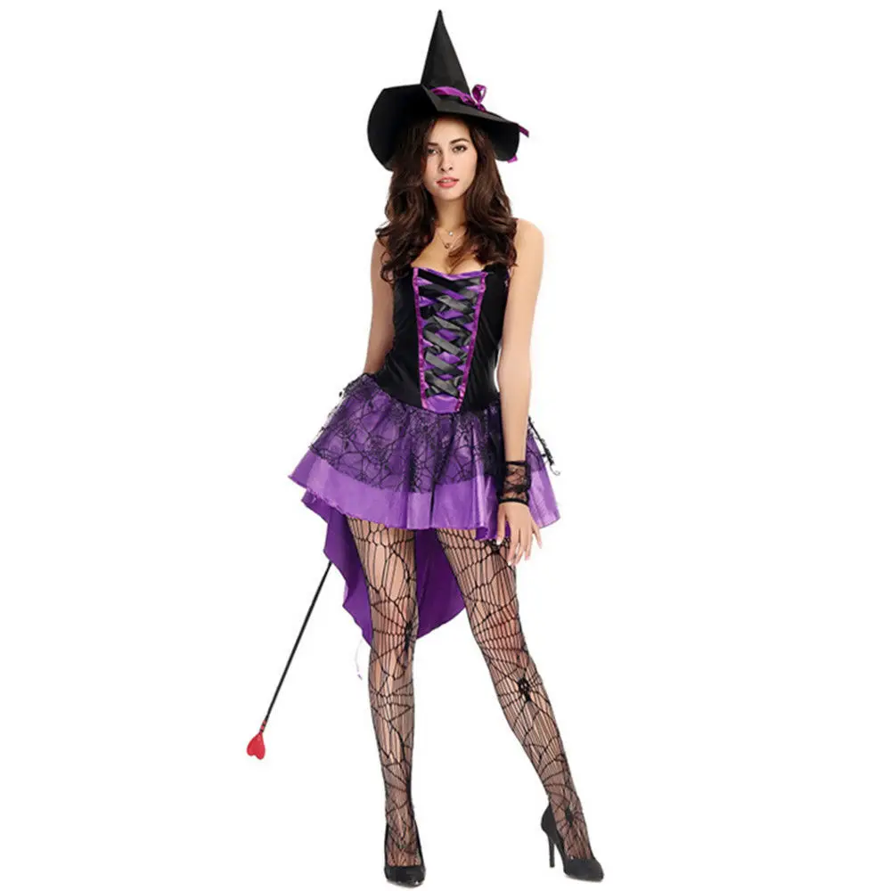 

Purple Ladies Adult Women Witch Costume Carnival Dovetail Covering With Hat Violet Swallow Tail Braces Dress