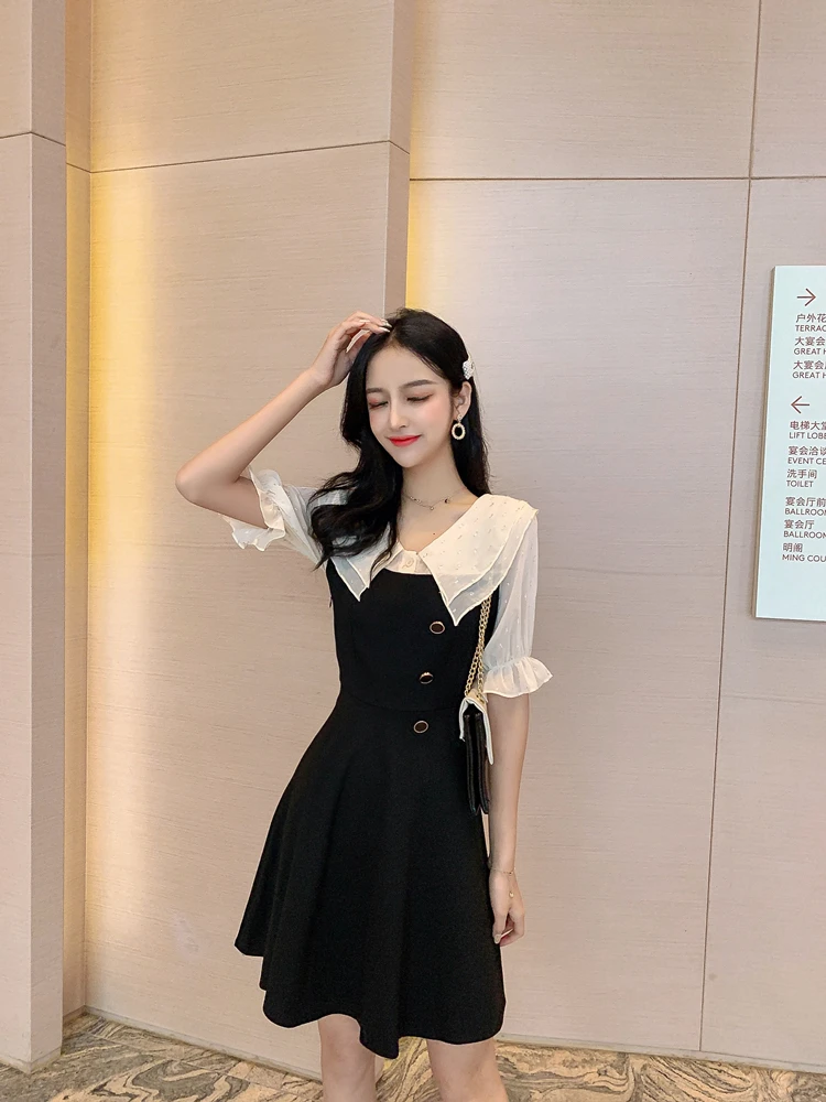 Платье в западном стиле с тонкой талией и двойным воротником-куклой шифоновое