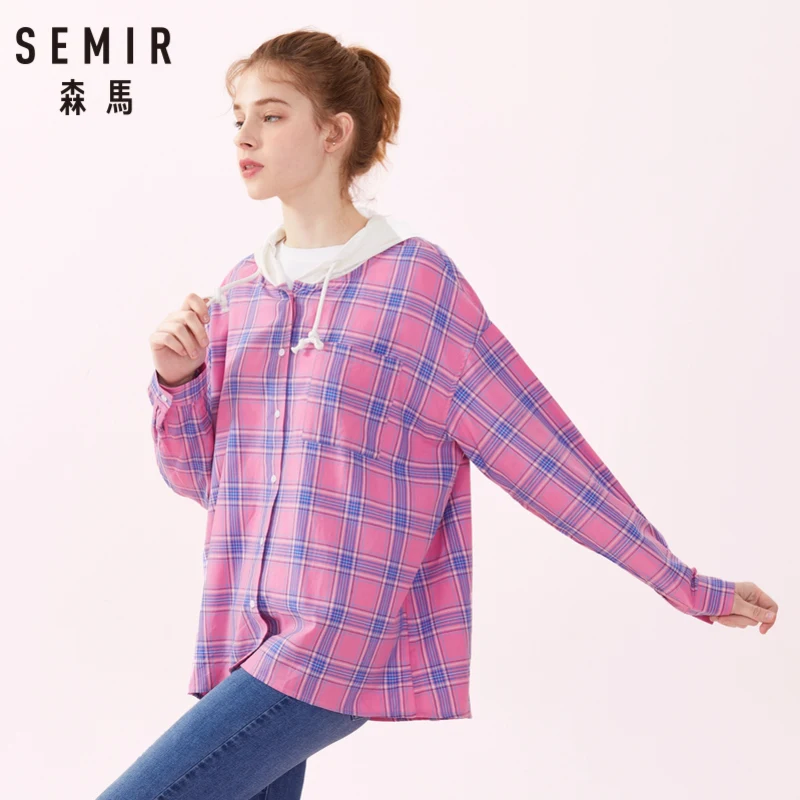 SEMIR Женская хлопковая клетчатая длинная рубашка куртка с завязкой на капюшоне