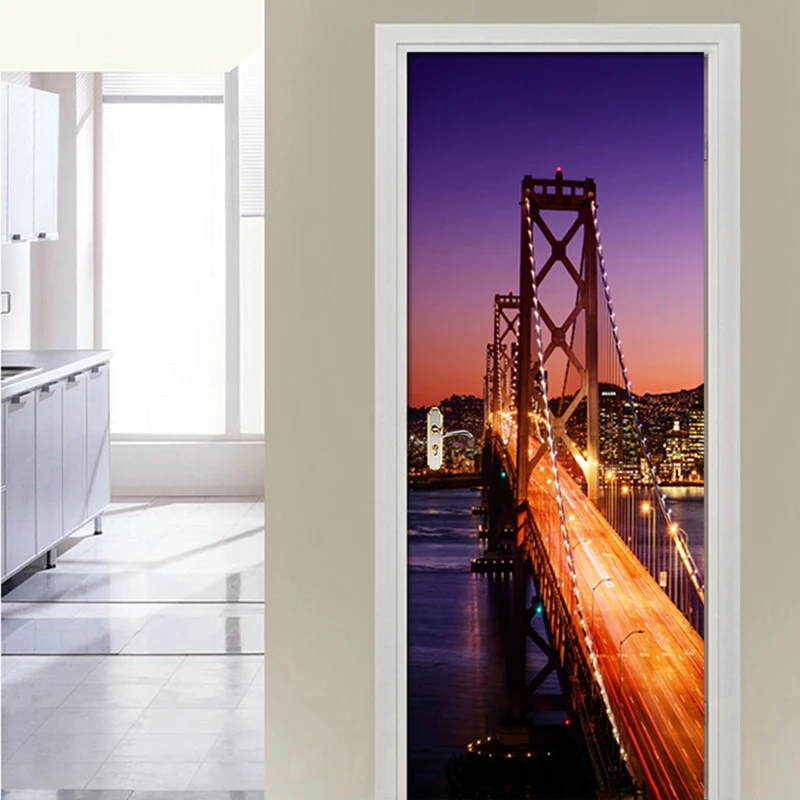 City Bridge Night Landscape 3D Self adhesive Door Stickers Mural Living Room Bedroom Home Decor Poster PVC Waterproof Wallpaper