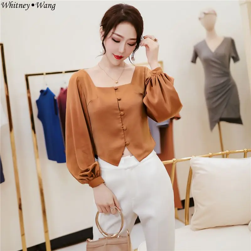 WHITNEY WANG 2019 демисезонный модные Винтаж Стиль Элегантный квадратный CollarSatin блузка