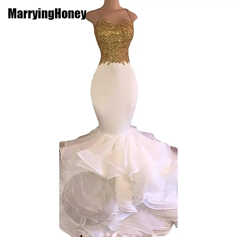 Платье Русалочки белого и золотого цвета для выпускного вечера 2017 платье на