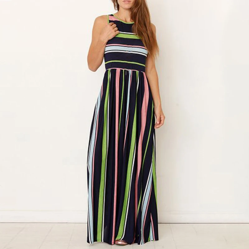 Женское Повседневное платье Элегантное летнее Полосатое без рукавов с вырезом