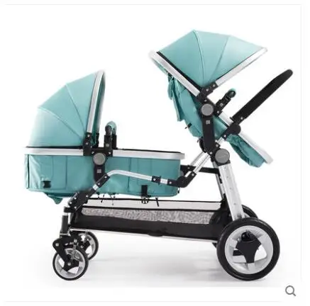 green Babyfond Роскошная коляска для Близнецов с автомобильным сиденьем, двойная детская коляска с высоким пейзажем, складная коляска,, две люльки - Цвет: green