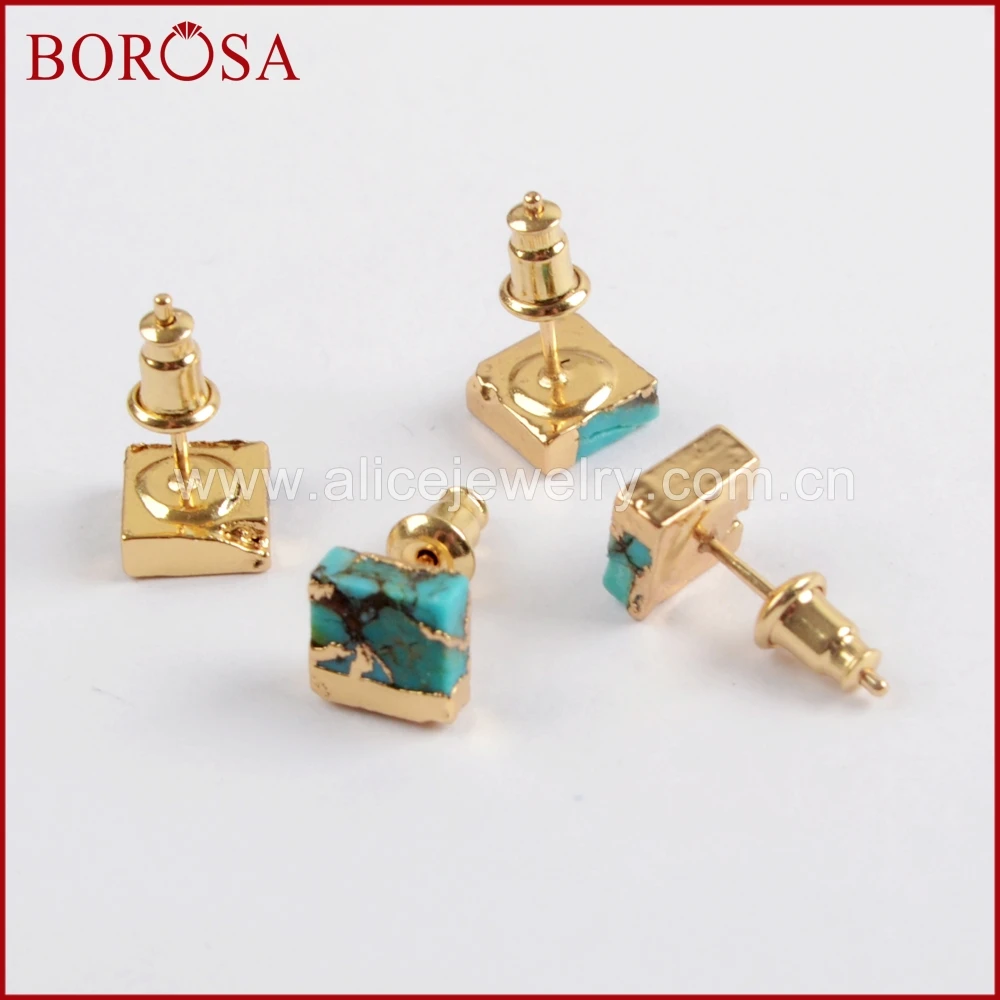 BOROSA 5/10Pairs Gold Color 7mm Square Copper Natural Turquoises Stud Earrings Blue Stone Druzy Jewelry G1648 | Украшения и