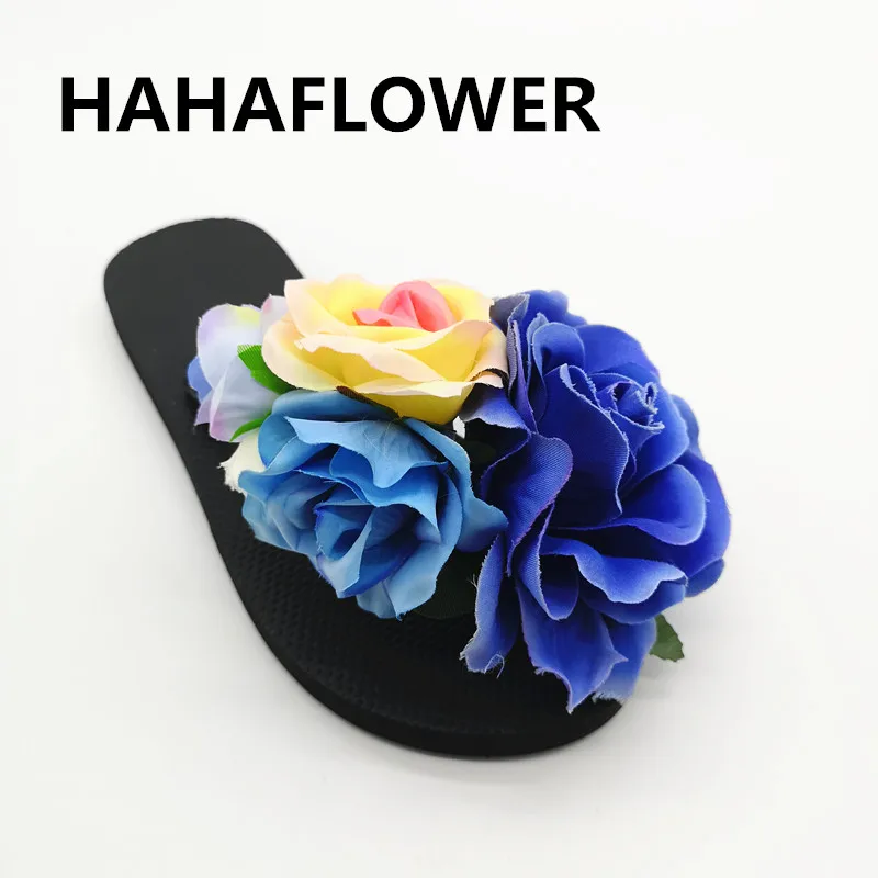 

Шлепанцы HAHAFLOWER женские, пляжные сандалии на плоской подошве, цветочные шлепанцы, летняя Милая обувь для девушек, синие розы, Размеры 35-45