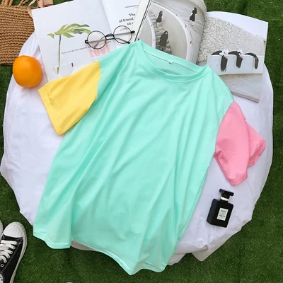 solid green Пастельный цвет блок для женщин Harajuku футболка Kawaii с принтом в стиле Пикачу мультфильм Хлопок Лоскутная футболка Летняя уличная Kpop PSDX-121 - Цвет: solid green