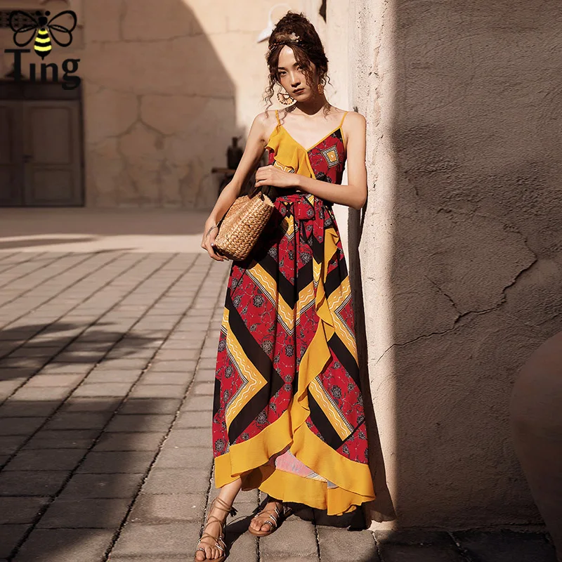 Tingfly 2019 Летнее новое платье в стиле бохо с бретелью, открытой спиной, оборками и разрезом Пляжный отдых Цветочный богемный повседневный длинный.
