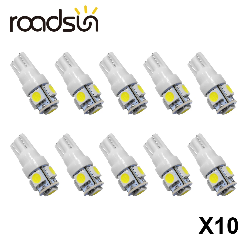 Roadsun 10 шт. T10 Led W5W 194 SMD5 5050 двери автомобиля сигнальная Лампа Купол Чтение номерного знака светильник парковочная лампа авто Клин просвет