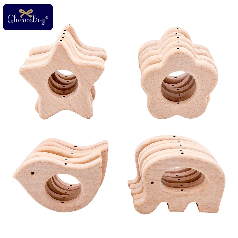 

10pc Baby Beech Wooden Animal Teether With Holes Beech Rodent Pacifier Chain Pendant Necklace Teething Toys For Children'S Goods