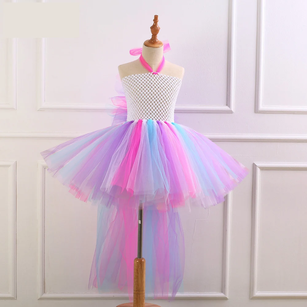 Children Cosplay Halloween Costume Rainbow Mesh Tutu Dress Princess Birthday Party Wedding Kids Girls Dresses + Headband | Детская