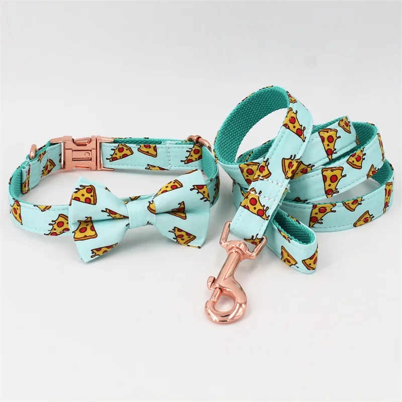 collar bow leash Популярный собачий ошейник с рисунком пиццы и поводок с галстуком-бабочкой для больших и маленьких собак, хлопковый тканевый ошейник с металлической пряжкой цвета розового золота - Цвет: collar bow leash