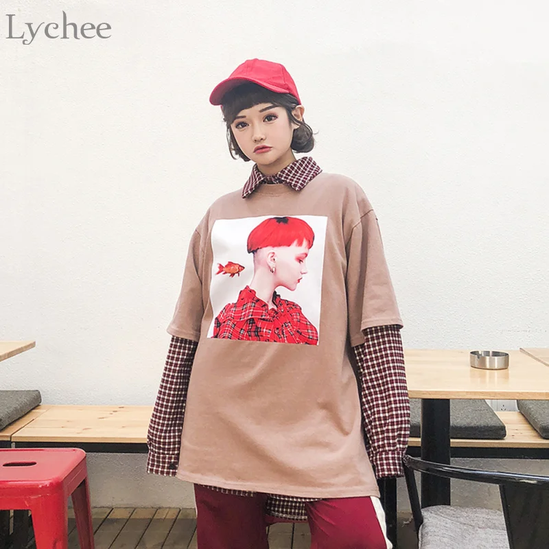 Личи Harajuku женские футболки Золотая рыбка символ короткий рукав с длинным рукавом