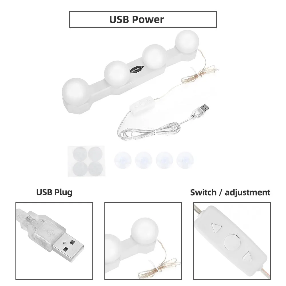 4 лампы светодиодный зеркало с подсветкой USB Перезаряжаемые Голливуд косметическое зеркало с подсветкой для макияжа Аккумуляторная Регулируемая Яркость подсветкой зеркала лампы