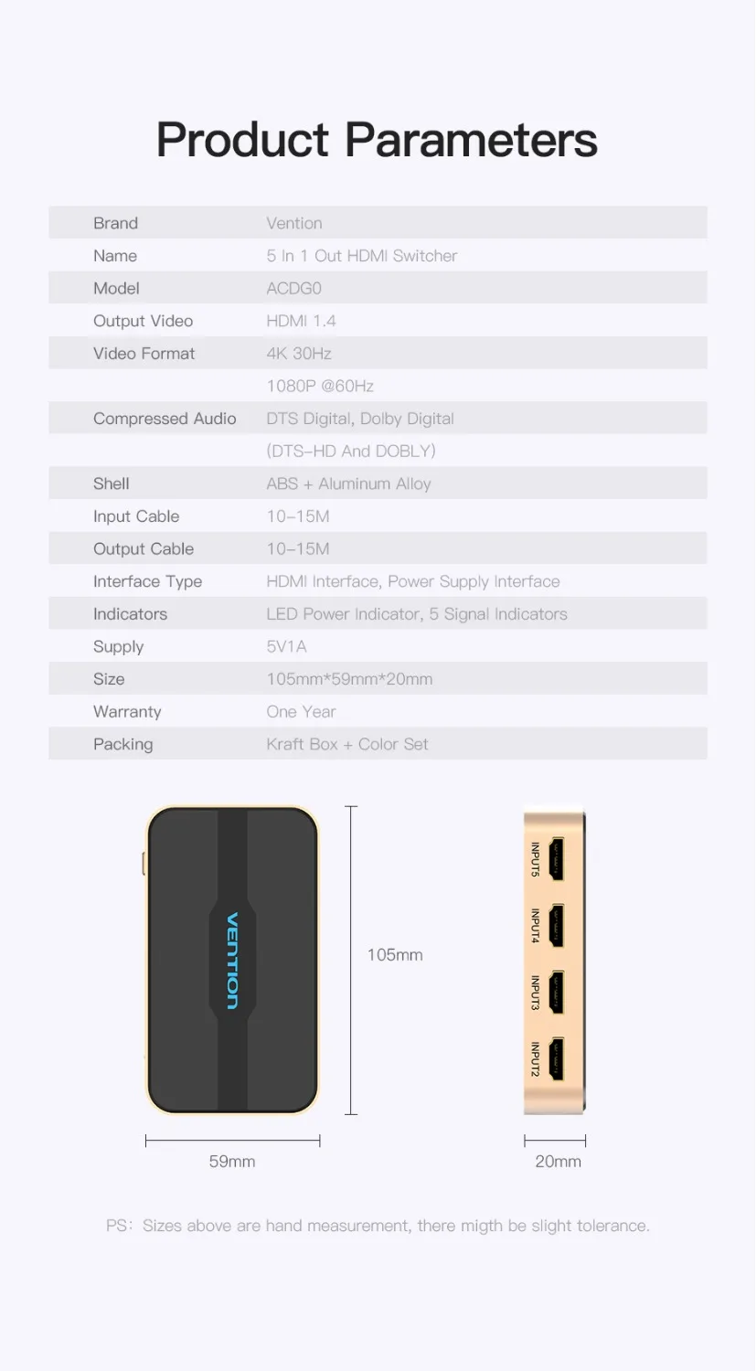 Vention HDMI Разветвитель переключатель 5 вход 1 выход HDMI коммутатор 5X1 3X1 для xbox 360 PS4/3 Smart Android HDTV 4K 5 портов HDMI адаптер